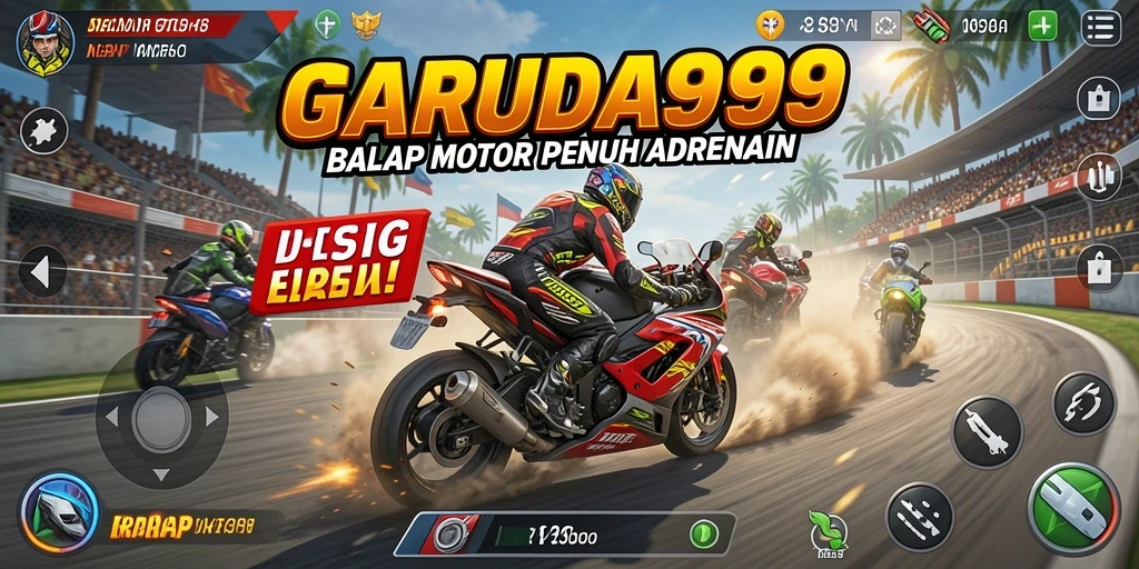 Tampilan gameplay seru dari GARUDA999 saat balapan motor.