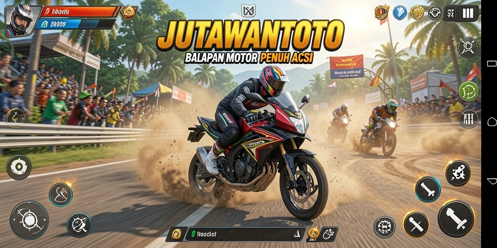 Tampilan gameplay seru dari JUTAWANTOTO saat balapan motor.