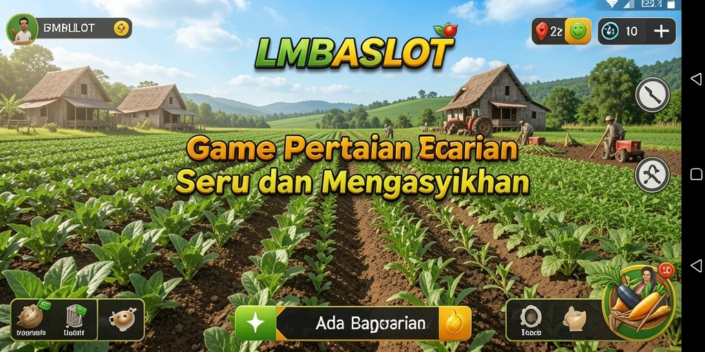 Screenshot gameplay LMBASLOT menampilkan ladang hijau yang subur dengan berbagai tanaman.