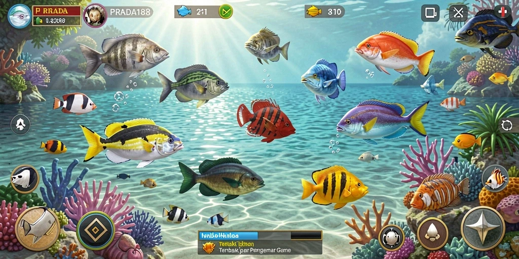 Tampilan gameplay menarik dari PRADA188 dengan ikan pelangi berkilau.