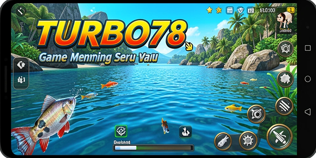Gameplay TURBO78 menampilkan aksi memancing seru dengan banyak pilihan lokasi.